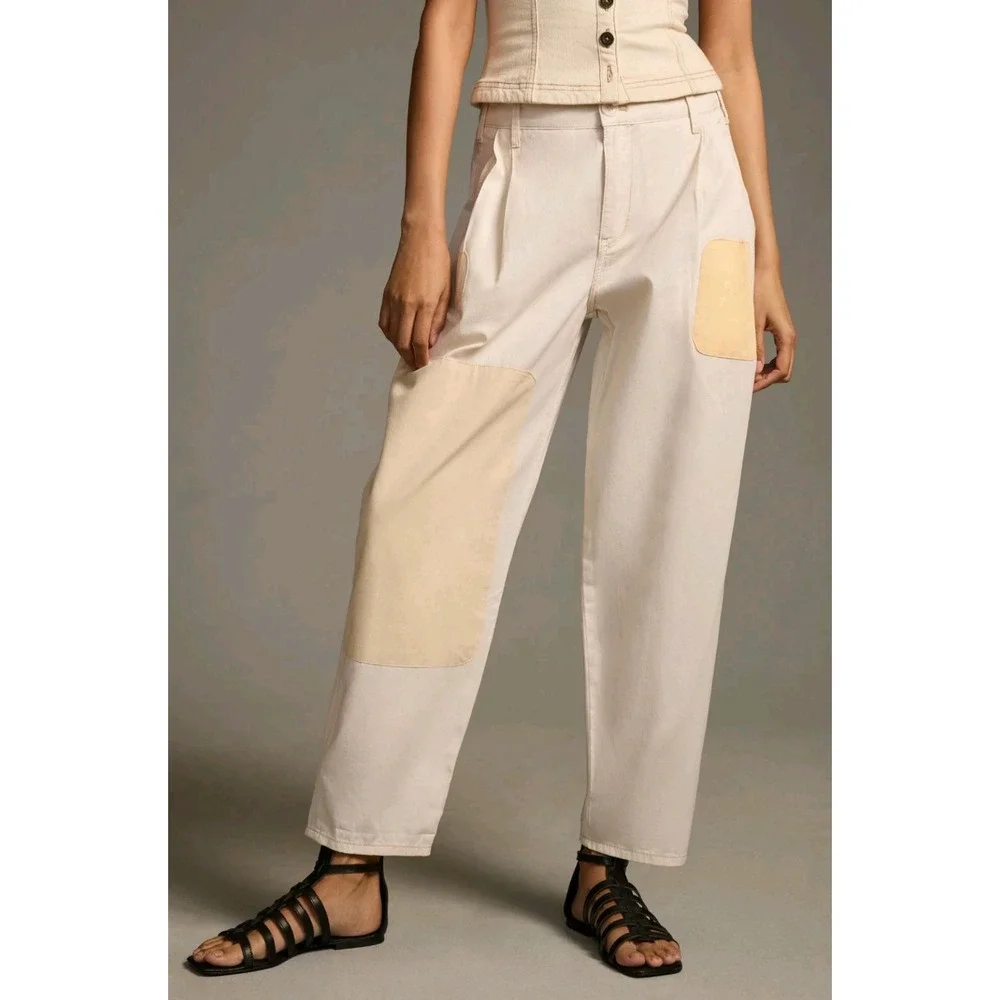 New Pilcro Barrel Pants 30 Patchwork Chino Ivory Relaxed Cotton Anthropologie